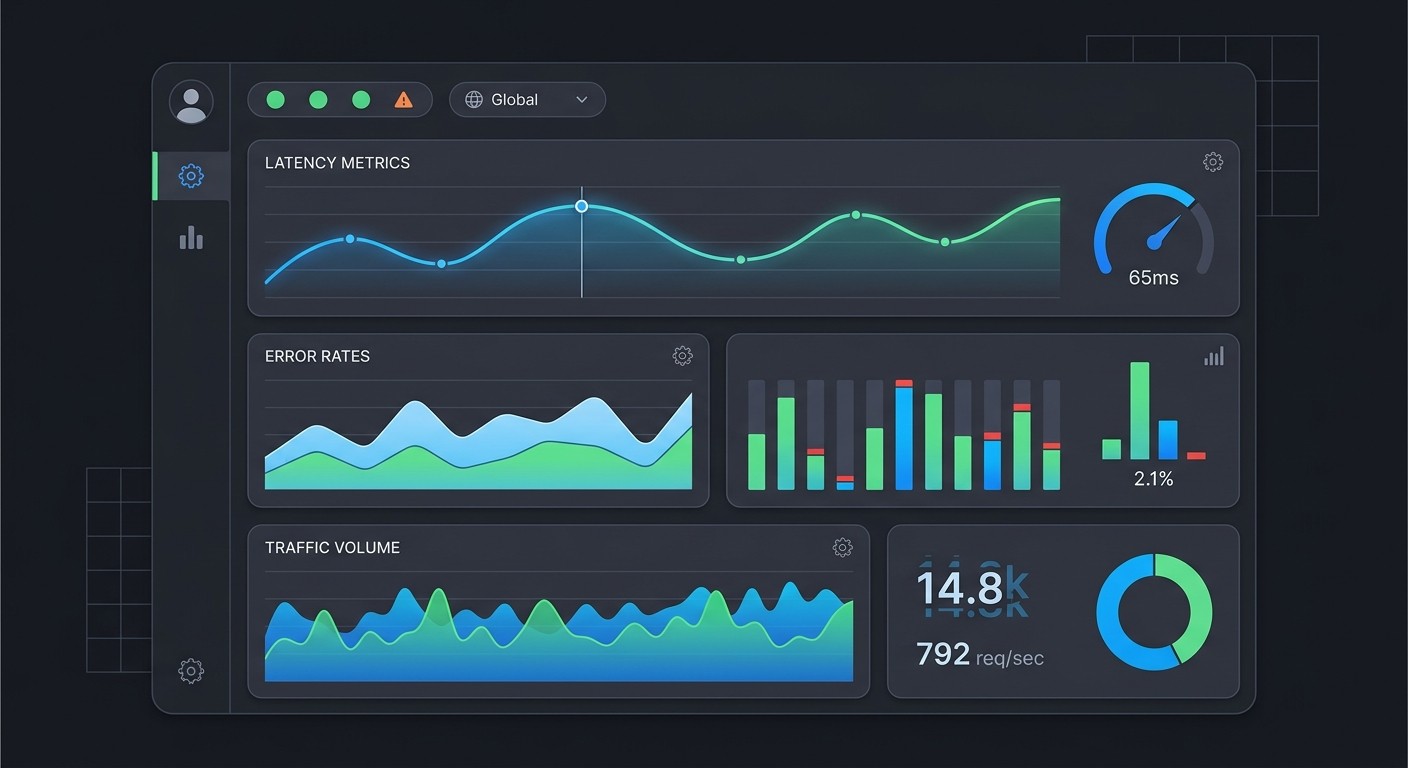 Software monitoring dashboard showing latency metrics, error rates, and traffic volume graphs on a dark-themed interface for continuous deployment observability