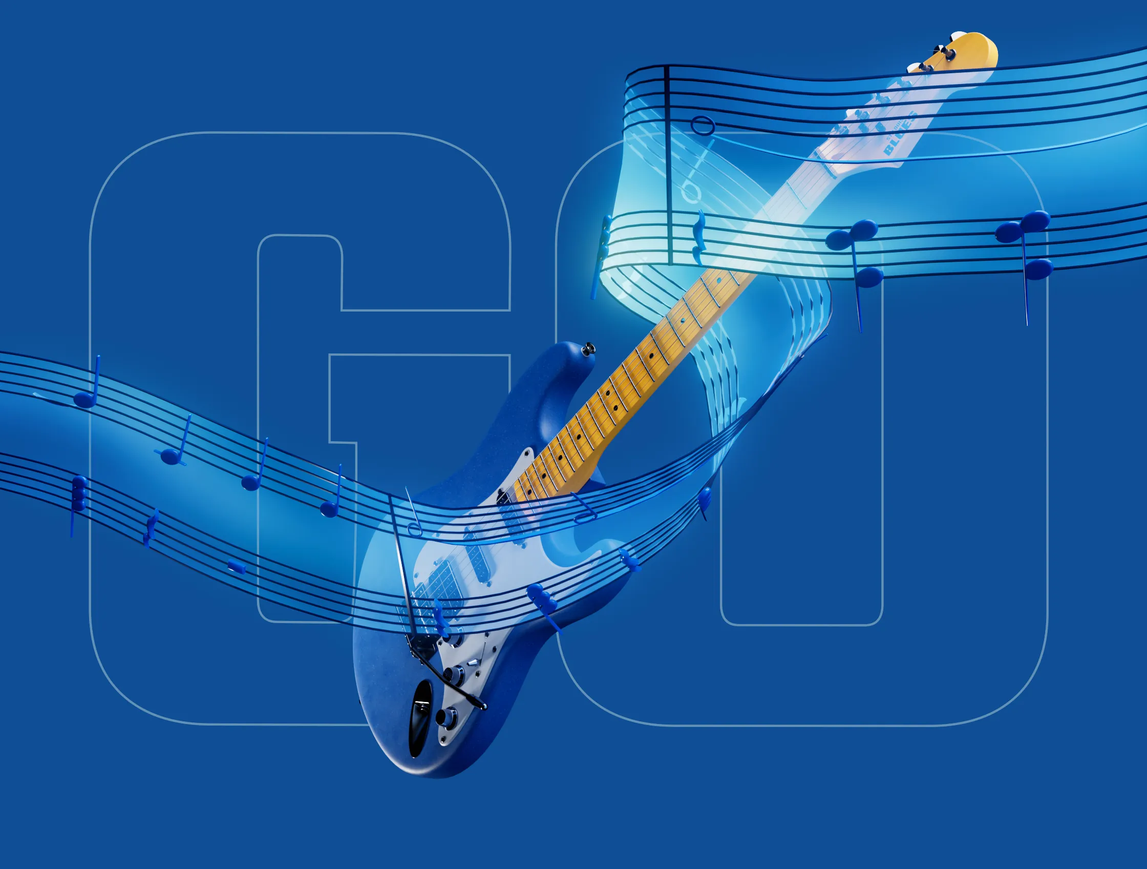 Electric guitar wrapped in flowing musical staff lines and notes on a blue background with ‘GO’ typography