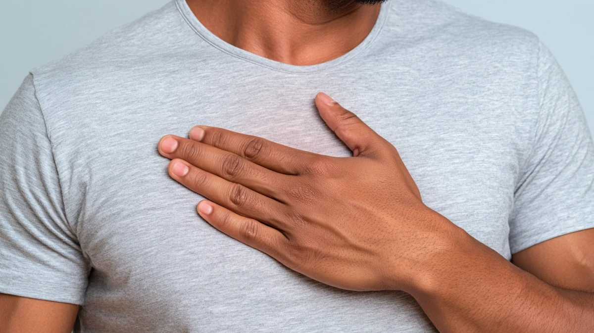 Close-up of a palm placed on the sternum during a breathing exercise.