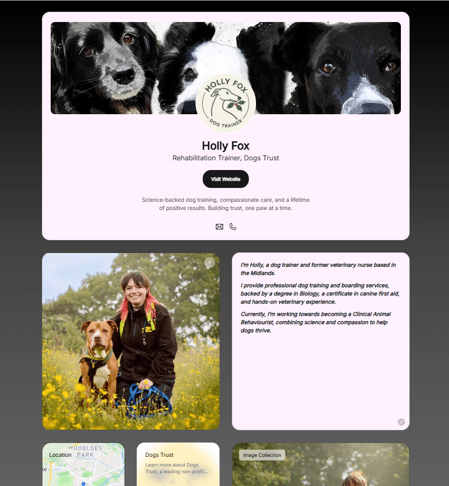 Dog trainer link in bio page featuring an interactive media gallery, service lists, and a booking call to action.