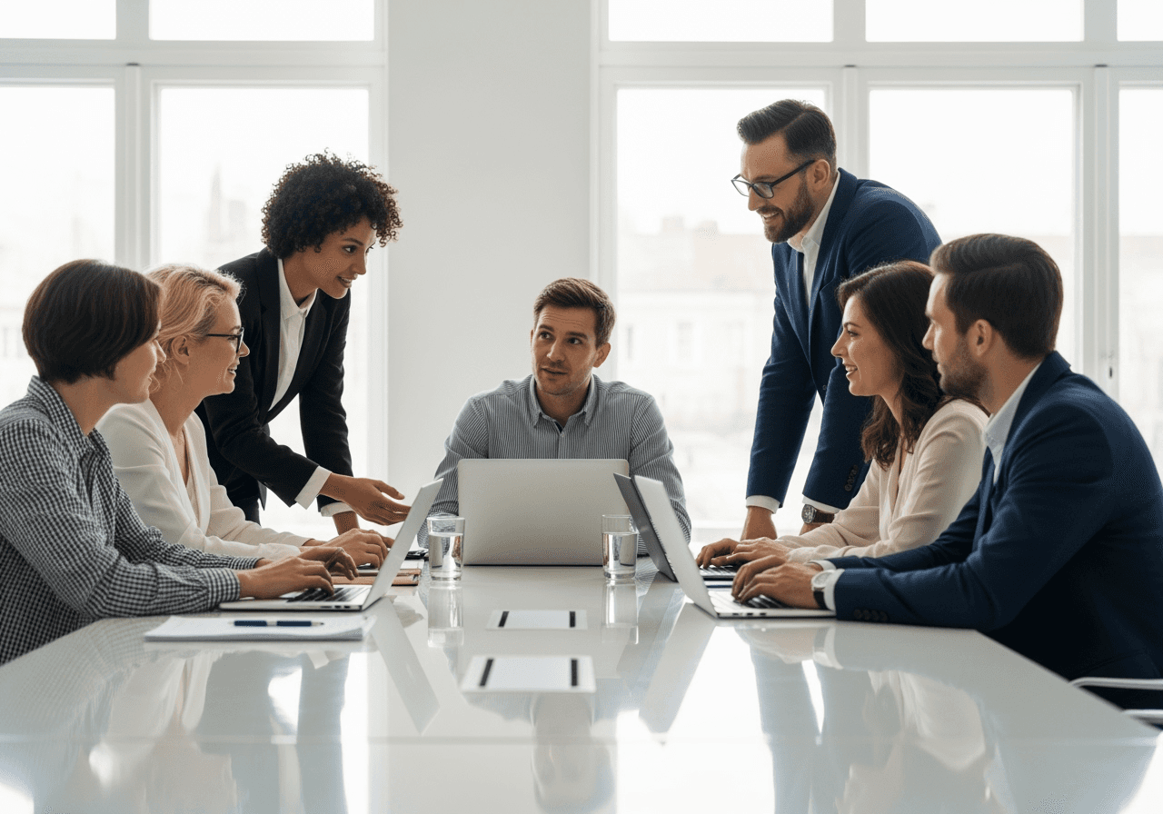 A diverse team of professionals collaboratively working around a table, illustrating teamwork and shared goals in a modern office environment. - internet marketing company seo services