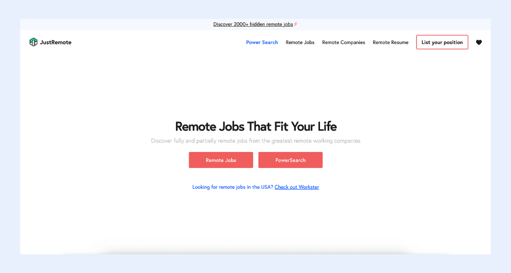 JustRemote's homepage