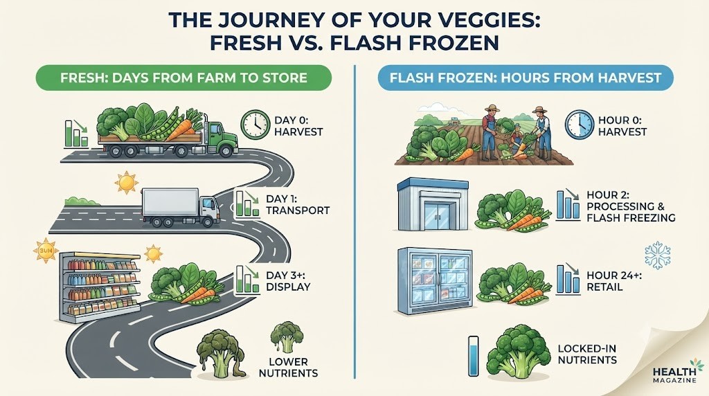 A split-screen infographic illustrating the journey of vegetables. The left side, labeled "Fresh: Days from Farm to Store," shows a truck transporting broccoli, spinach, and carrots, with icons indicating nutrient levels decreasing over time. The right side, labeled "Flash Frozen: Hours from Harvest," shows vegetables being quickly frozen, with icons indicating stable nutrient levels. The clean, modern design uses a green and blue palette and realistic illustrations to compare the nutritional quality.