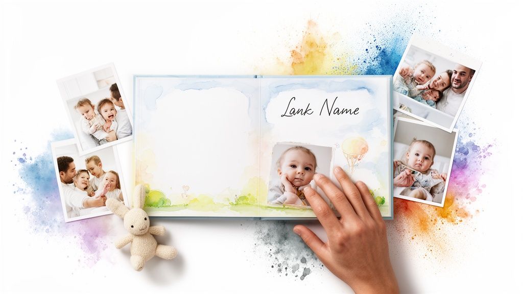 An open baby memory book with a hand, surrounded by family photos and a toy bunny.