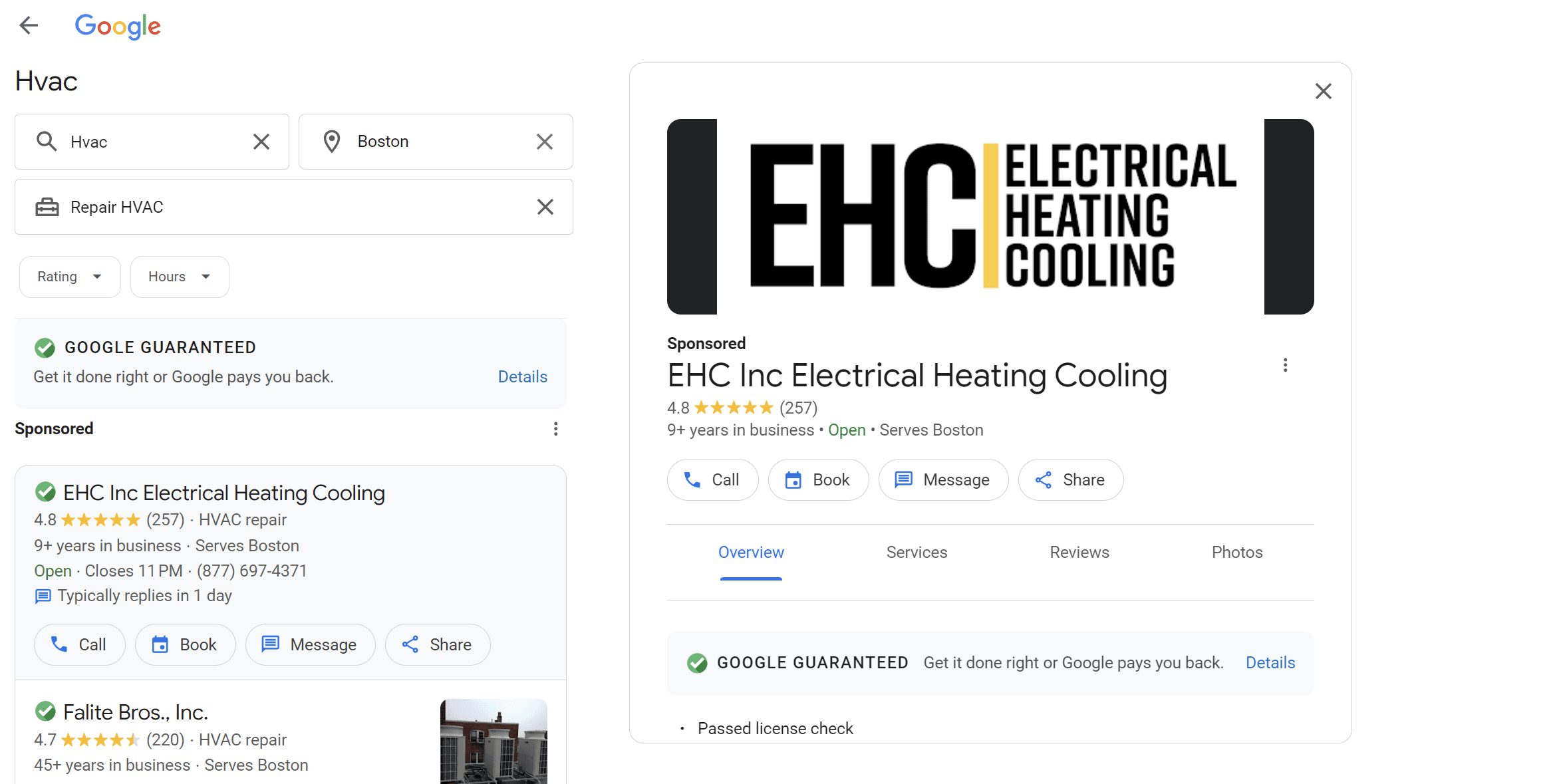google search of hvac contractors with google my business profiles