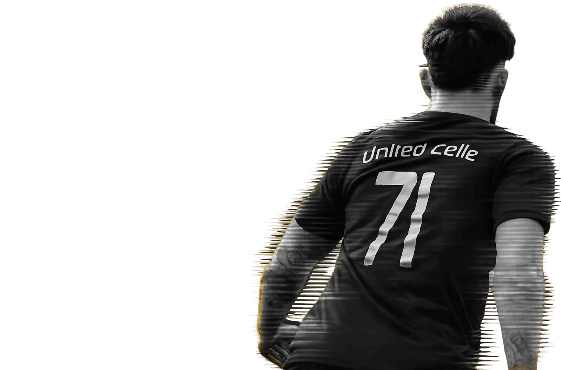 Fußballspieler von United Celle im Trikot mit der Nummer 71, von hinten aufgenommen auf dem Spielfeld in Schwarzweiß