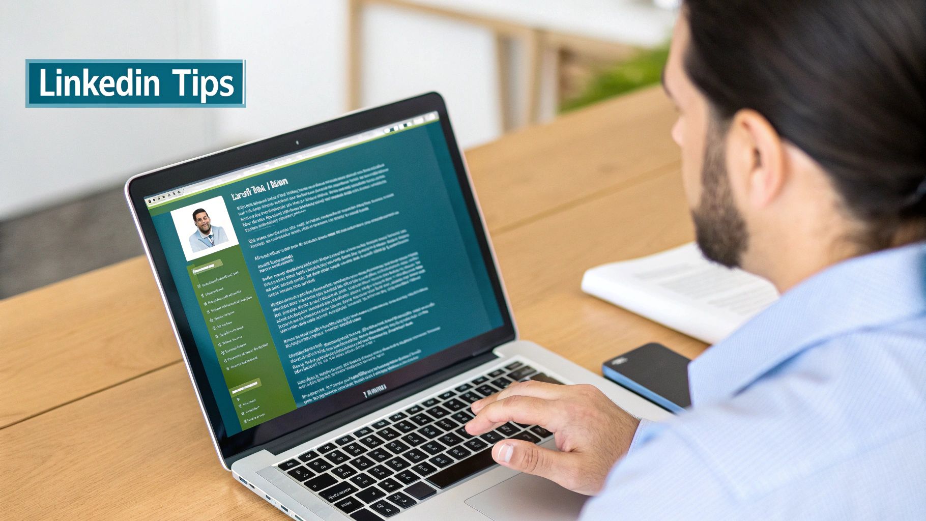 An image showing a professional workspace with a laptop open to LinkedIn, symbolizing social selling practices on the platform.