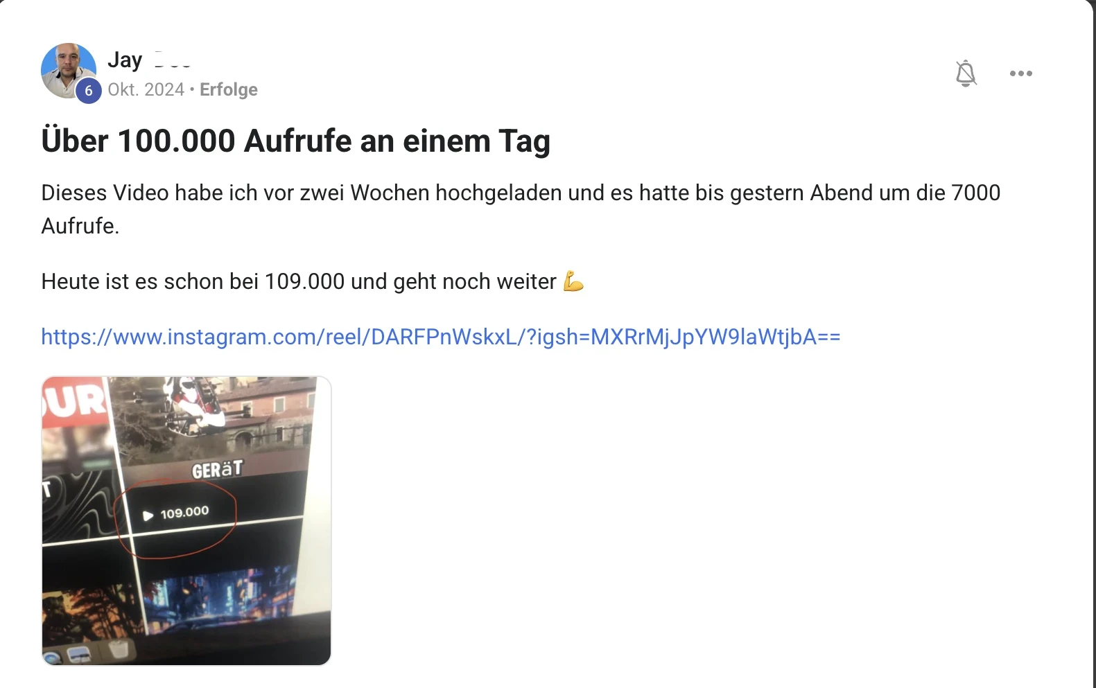 Erfolgsbericht KI Creator Akademie: Jays Instagram-Video steigt von 7.000 auf über 109.000 Aufrufe