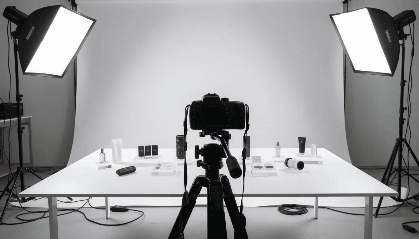 The image depicts a professional product photography setup featuring a camera mounted on a tripod, aimed at merchandise arranged to showcase multiple angles. This setup is designed to capture high-quality product images that enhance customer confidence and improve the shopping experience on ecommerce product pages.