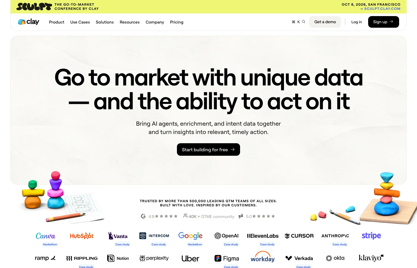 Clay homepage: AI-powered sales intelligence and data enrichment platform for go-to-market teams