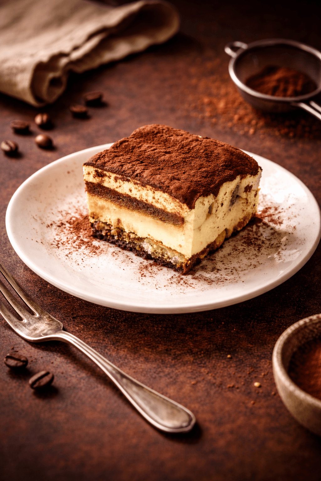 Tiramisu slice with espresso-soaked ladyfingers, mascarpone, and cocoa dusting on a white plate at Café Sherpa's in Brookfield, WI. A light and creamy Italian classic.