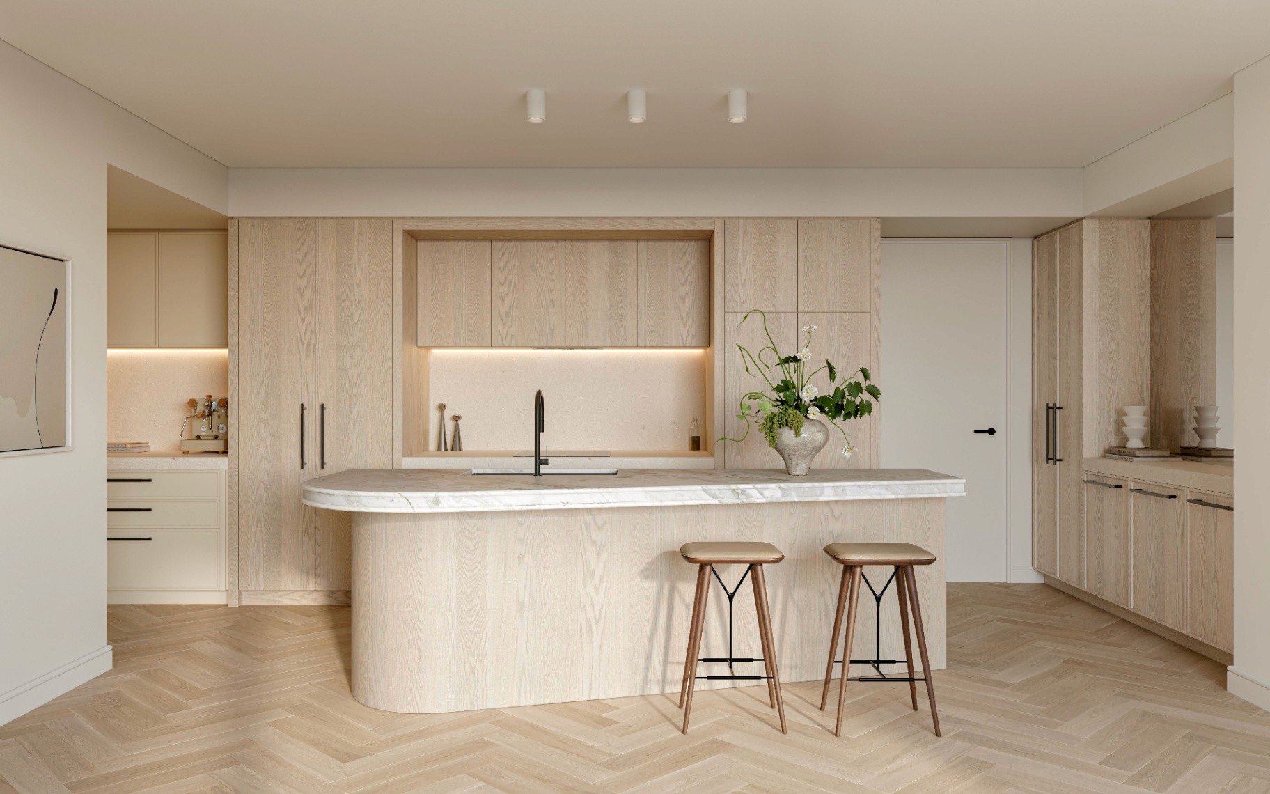Contemporary kitchen with stone island bench, timber cabinetry, and integrated storage