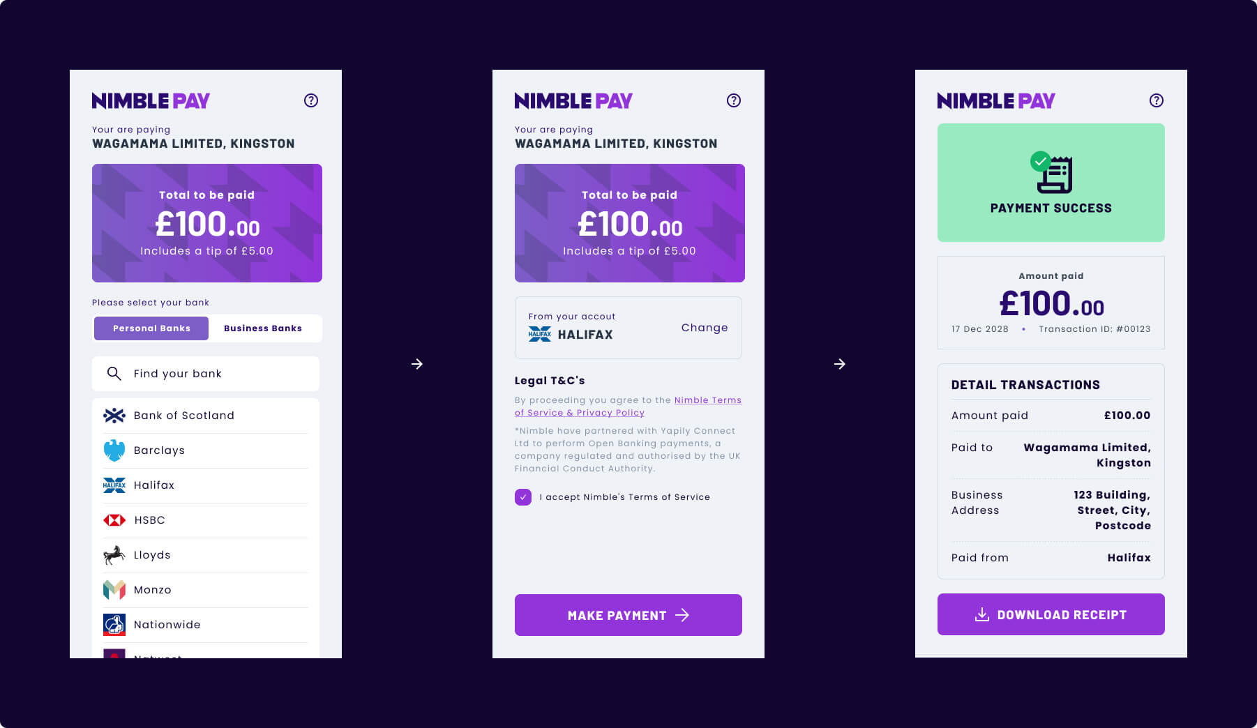 UK fintech web application - Nimble Pay secure checkout flow built by best web development company, showing custom payment processing interface with real-time validation