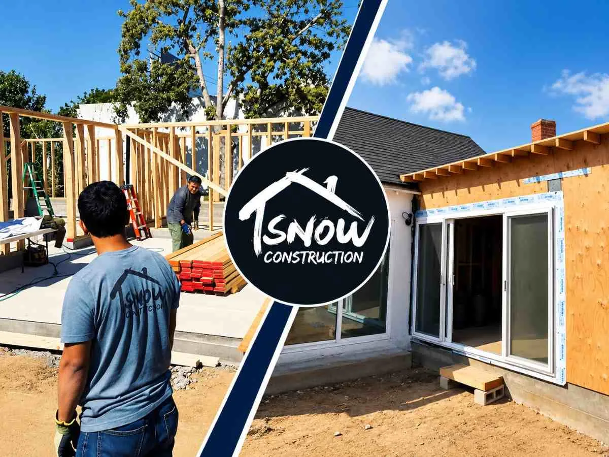 Promotional graphic for Snow Construction showing a before-and-after room addition in Los Angeles. On the left, a house framing under construction is labeled "Before: Limited Space". On the right, a completed modern living area with large glass sliding doors and warm recessed ceiling lighting is labeled "