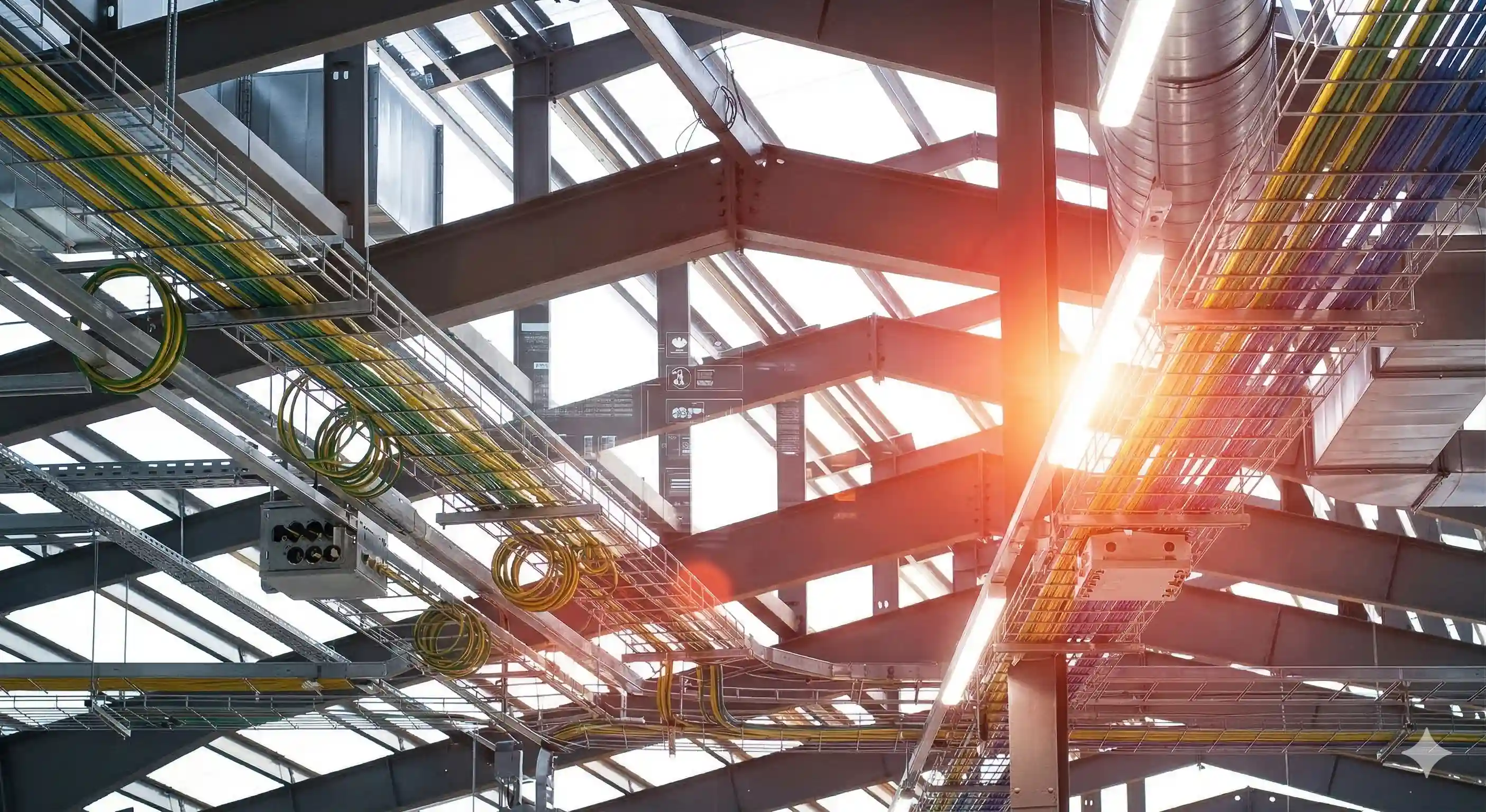 Prüfung ortsfester elektrischer Anlagen: Industriekabelpritschen und komplexe Leitungsführung unter einer Hallenkonstruktion, geprüft durch Bittermann Elektrotechnik.