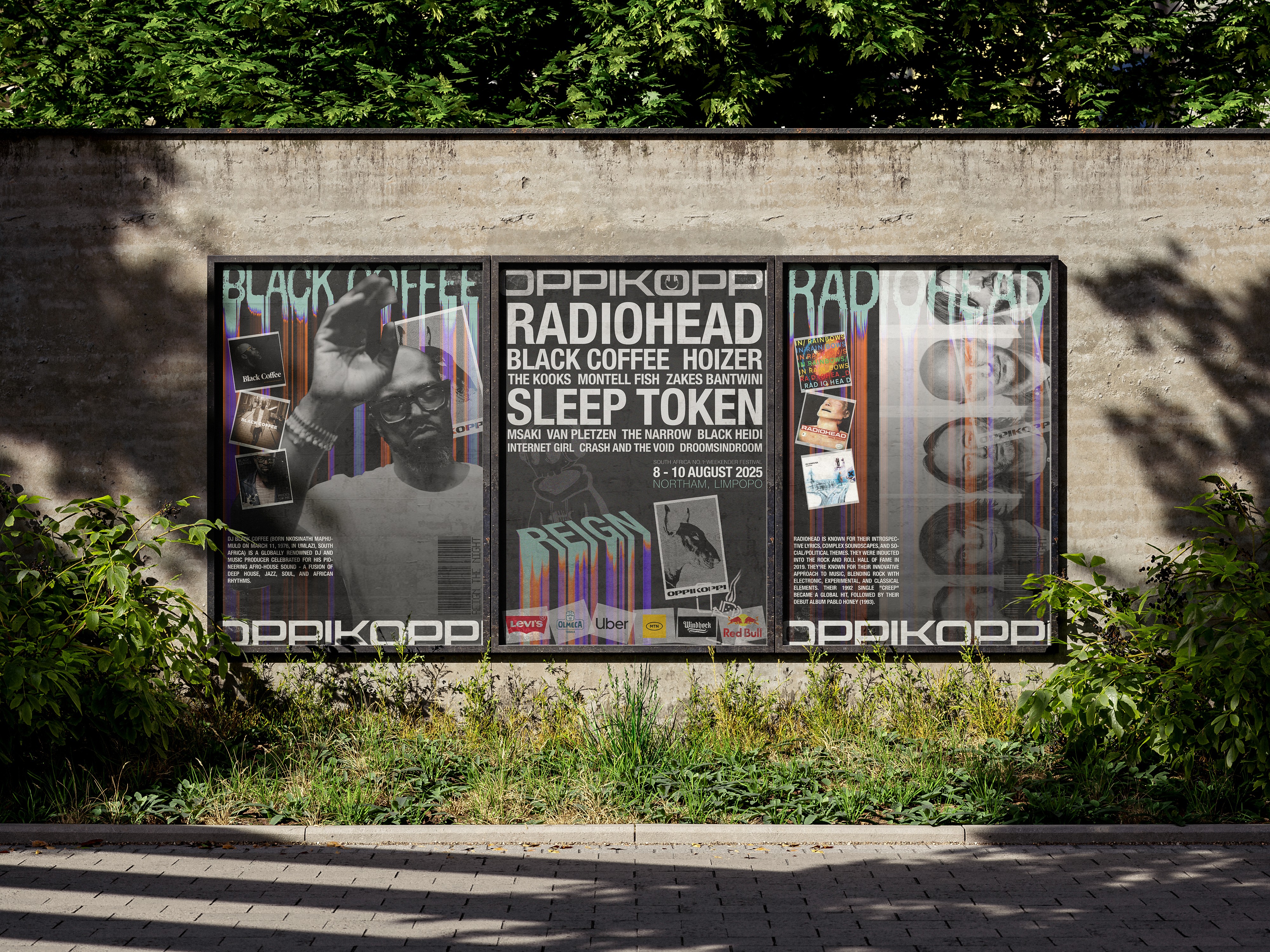 Triptych of three underground music festival promotional posters mounted on an outdoor concrete wall, showcasing distressed textures, bold typographic hierarchies, and expressive graphic layouts for Oppikoppi by YADA studio.