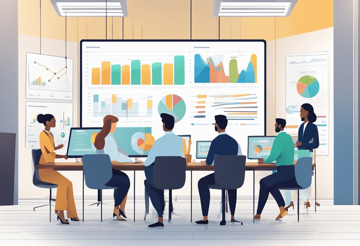 A group of diverse professionals strategizing cost-effective recruitment methods in a modern office setting. Charts and data are displayed on a large screen