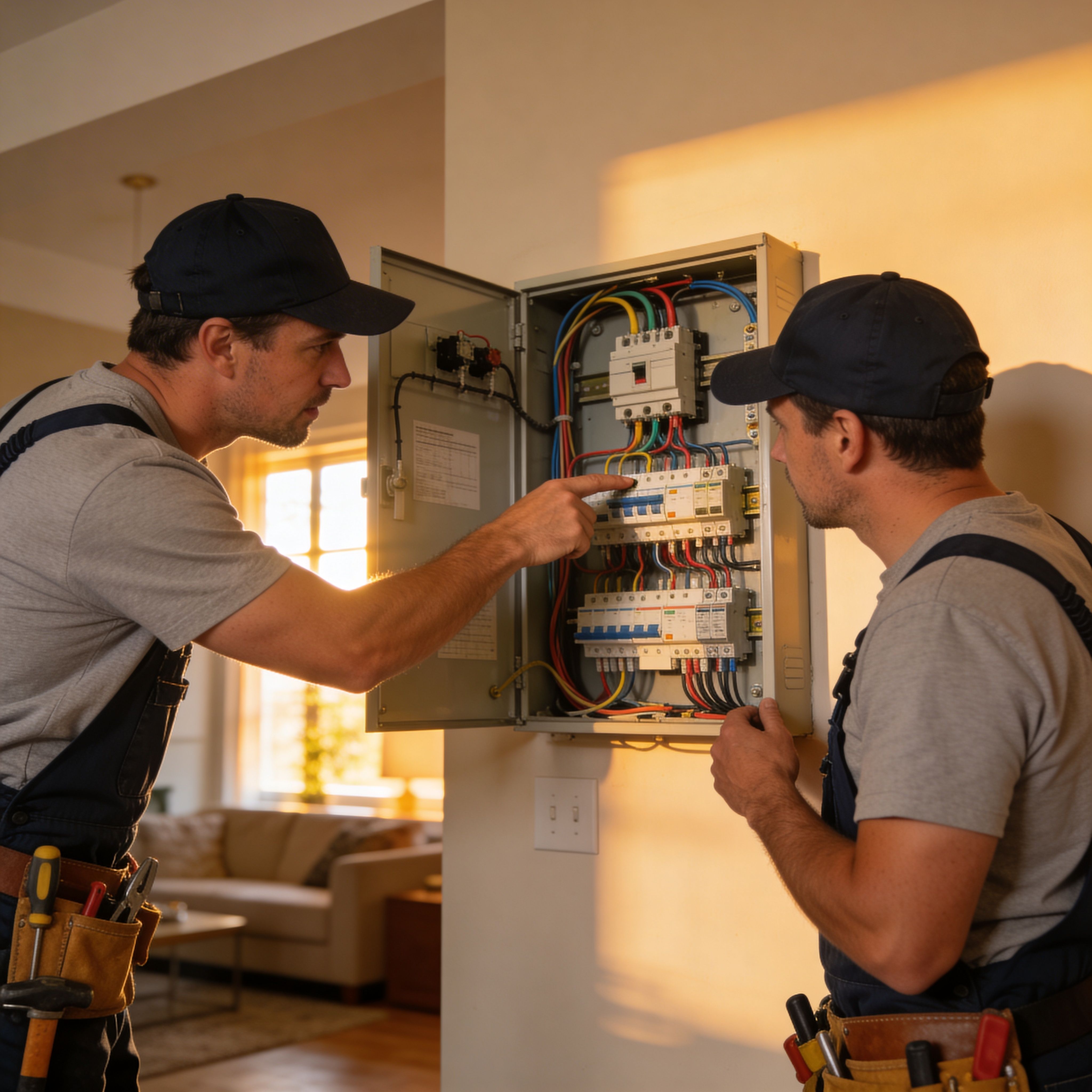 Two electricians inspecting circuit breaker panel wiring during residential electrical repair