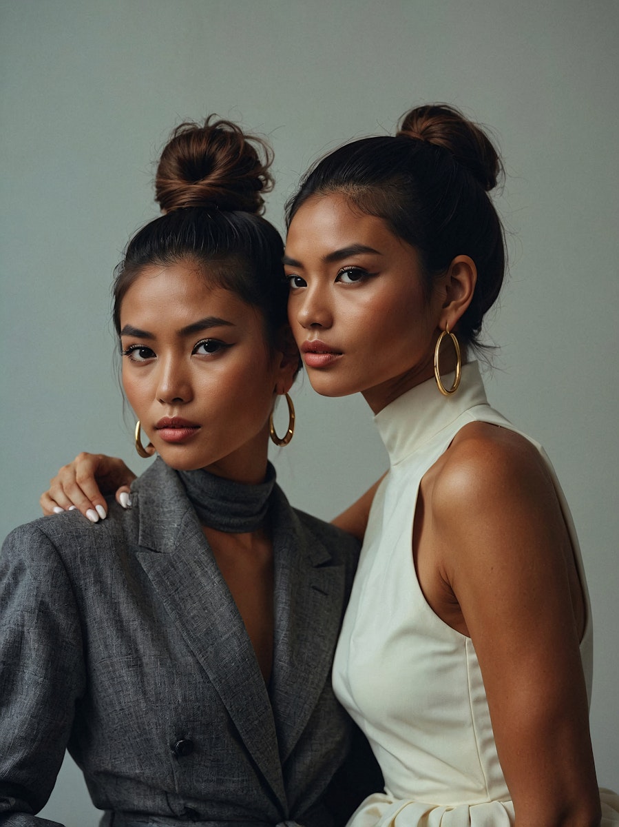 Two elegant women with high buns and gold hoop earrings, dressed in a gray blazer and white dress, pose confidently against a gray backdrop.