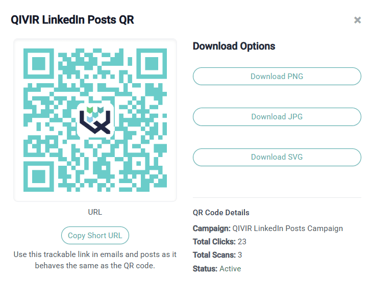 QR code preview with tracking link