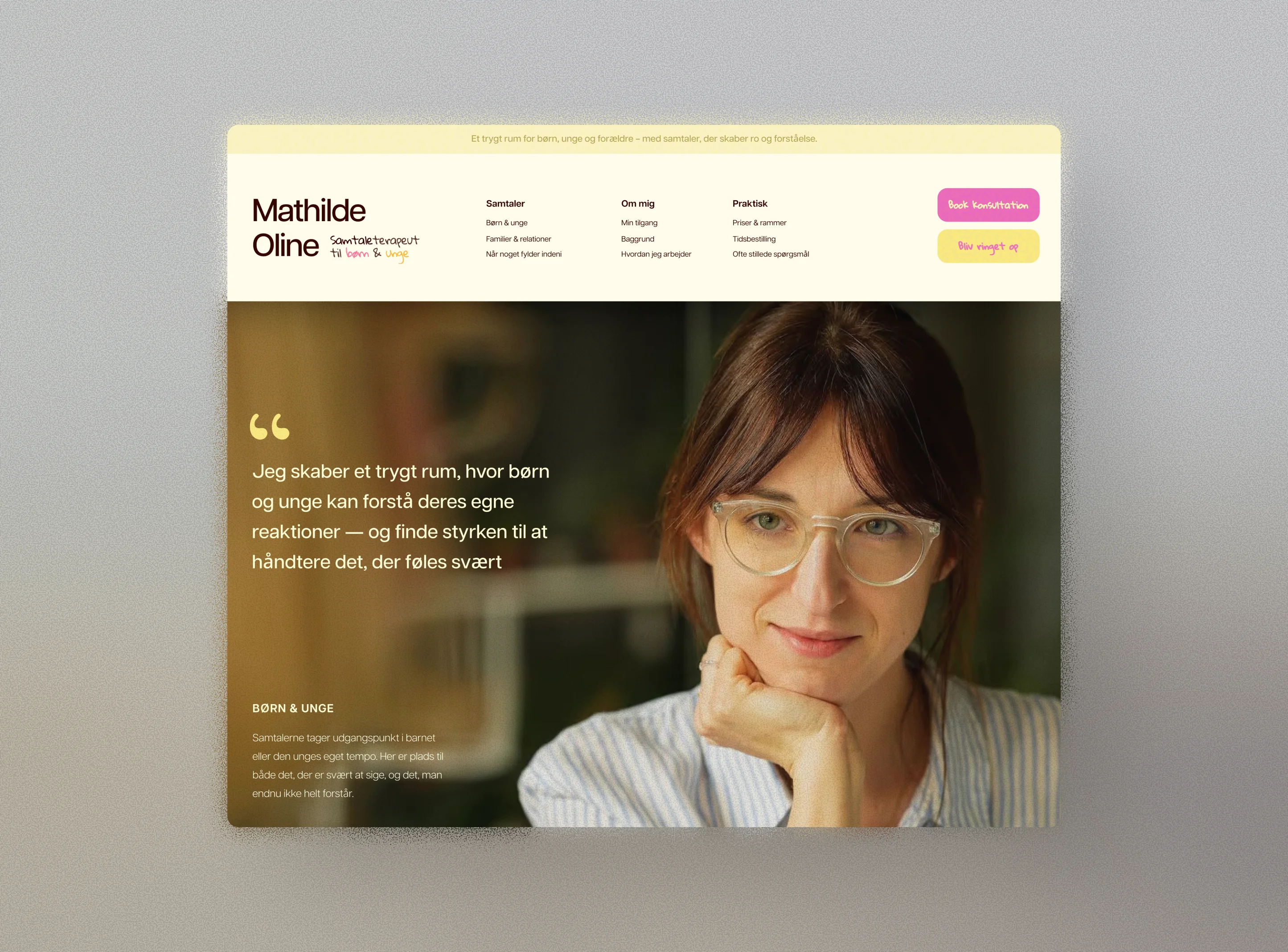 Therapist website homepage featuring a welcoming portrait and child counseling services.