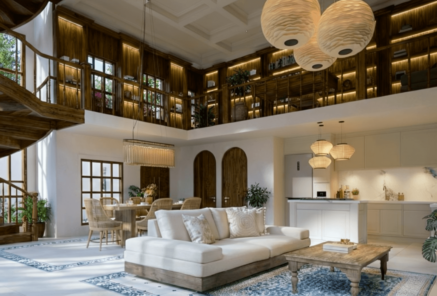 Spacious open-plan living room with elegant lighting in a premium villa, managed by a real estate agent.