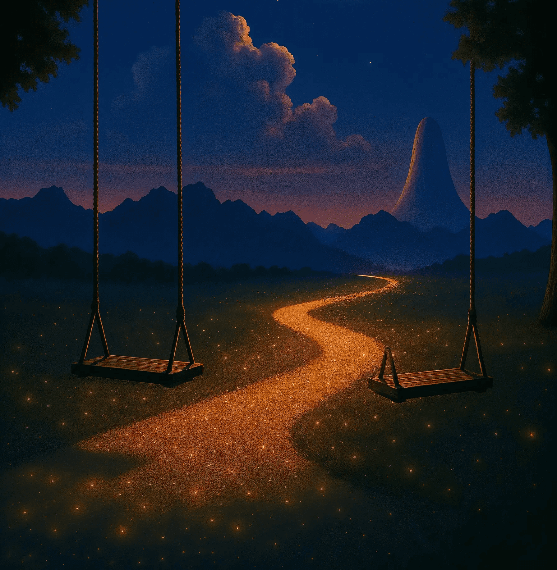 A surreal night illustration showing two swings facing a glowing path that leads toward a bright red moon and mountains.