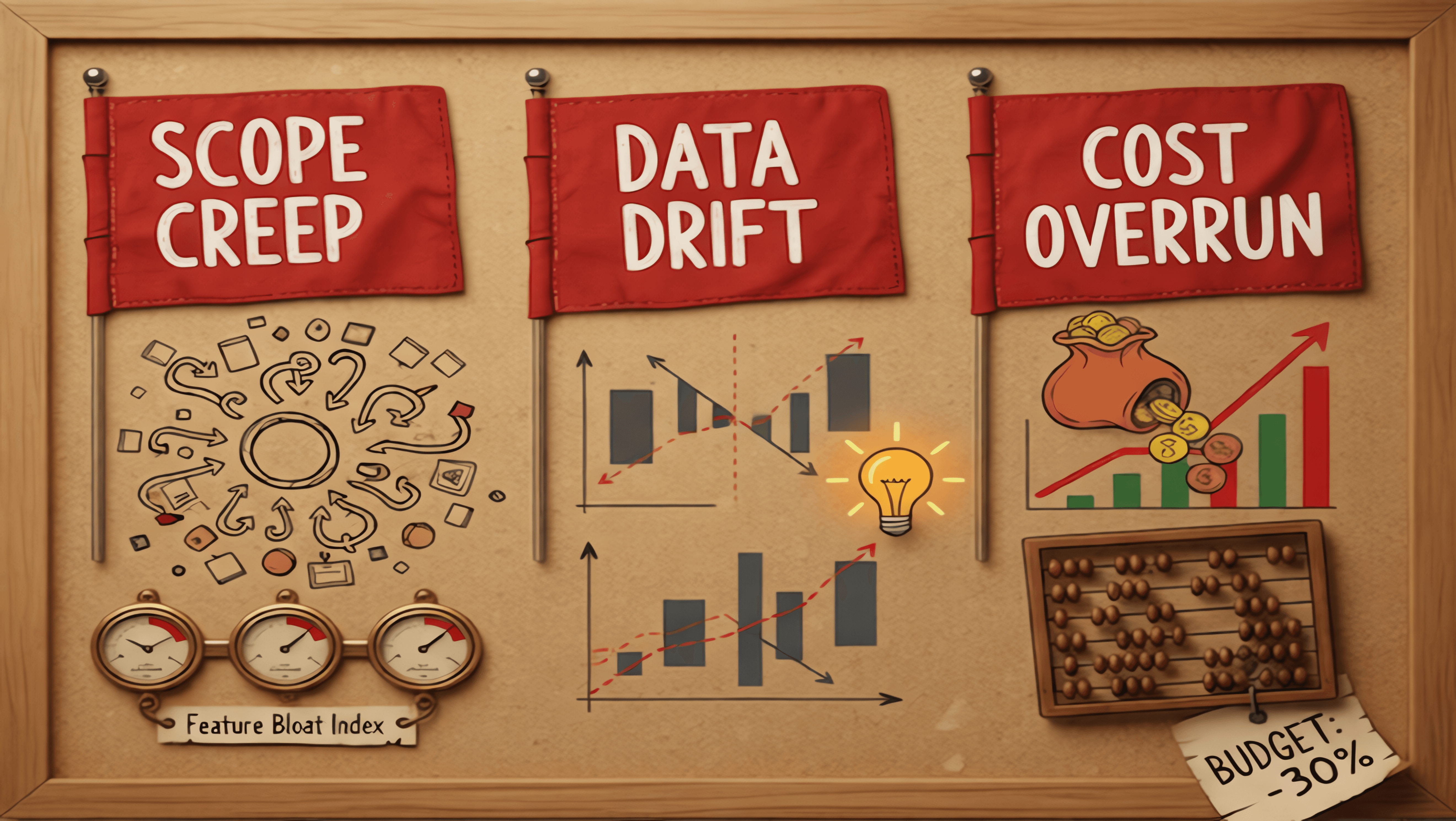 Three red flags for AI and data projects: expanding scope, shifting data, and unexpected costs.