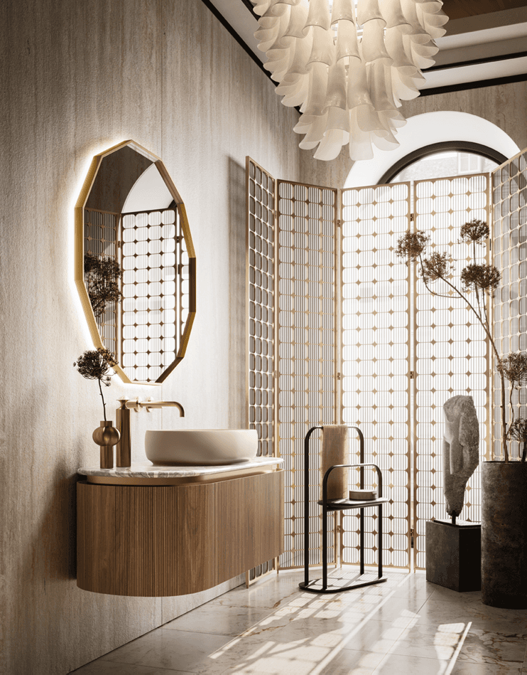 Modern bathroom featuring wooden cabinetry, a bathtub, a sleek sink, and natural light from a window.