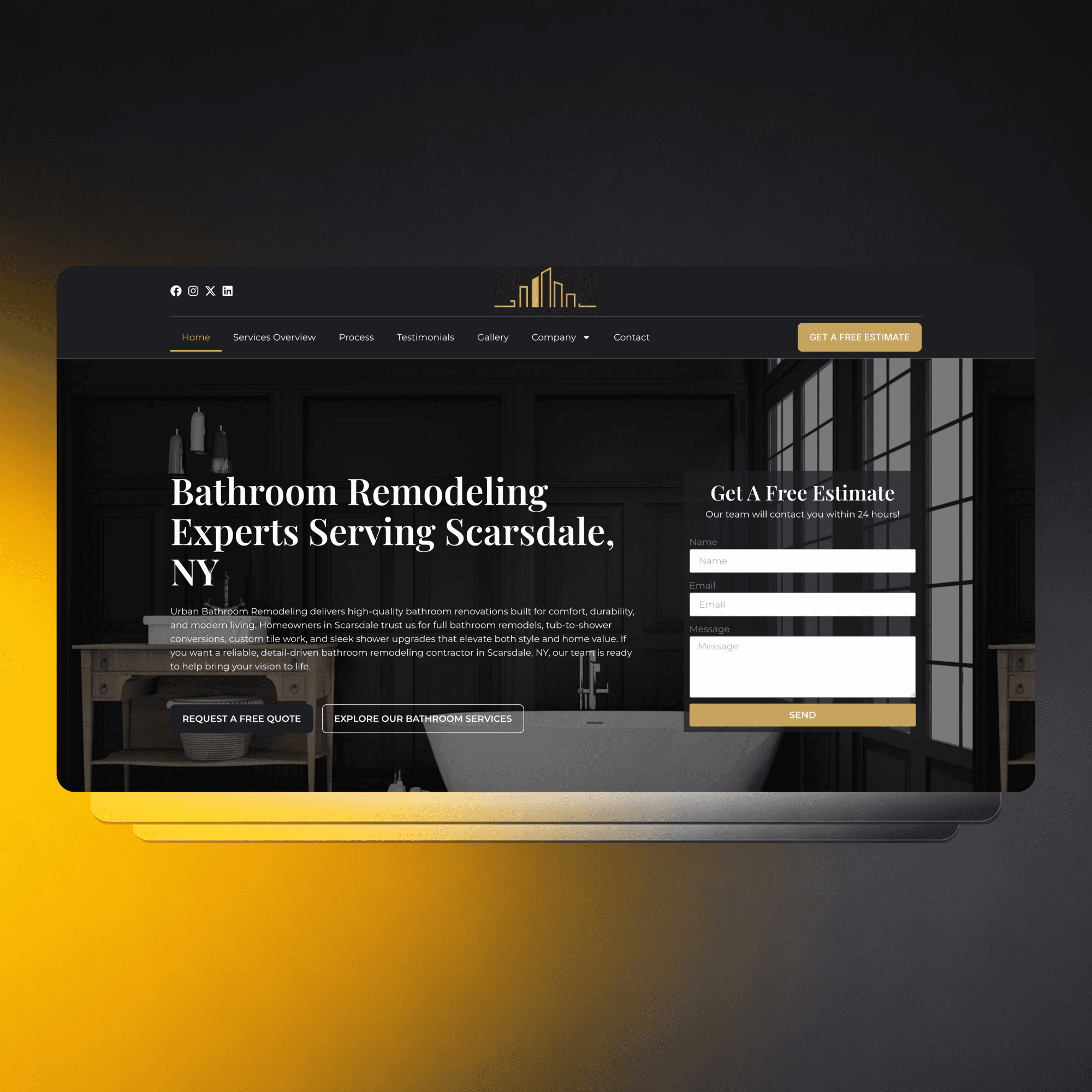 Luxury bathroom remodeling website design with dark theme, elegant typography, and a contact form overlay for lead generation.