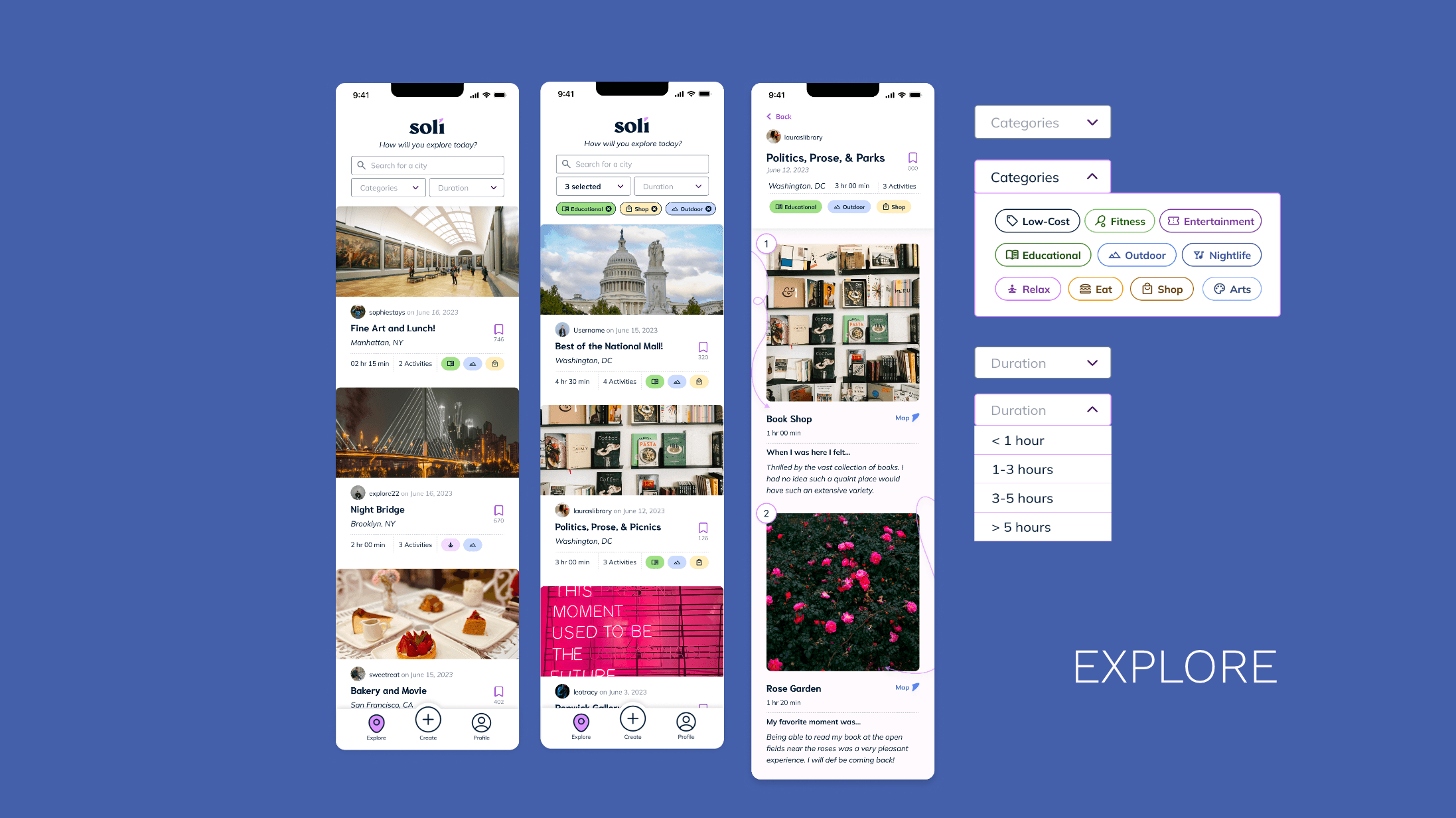 Explore page of the app showing filters for location, activity type, and duration to discover new adventures efficiently.