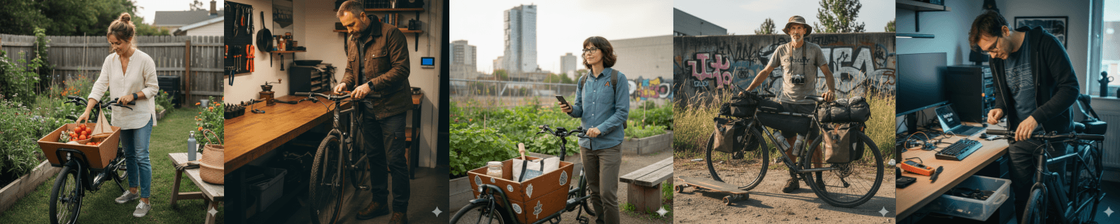 Cinq portraits d’illustration : une mère avec un vélo cargo dans son jardin, un homme qui répare un vélo dans son atelier, une femme en ville, un cycliste chargé de sacoches devant un mur tagué, un homme devant un établi d’électronique