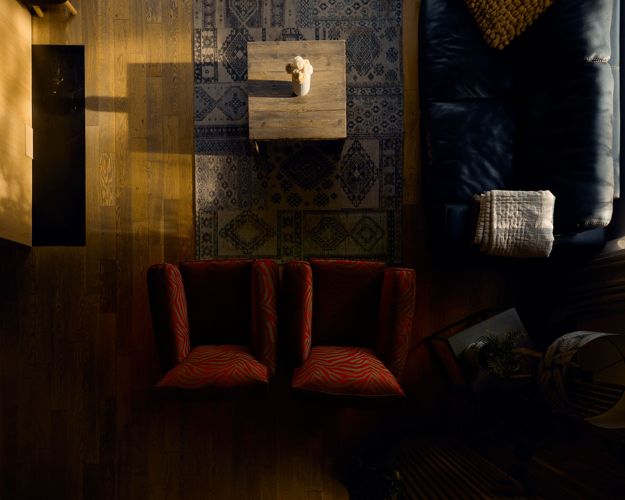 Vue du haut du salon avec deux fauteils une personne rénovée avec un motif zébrer rouge, accompagner d'un tapis bleu et d'une table basses.