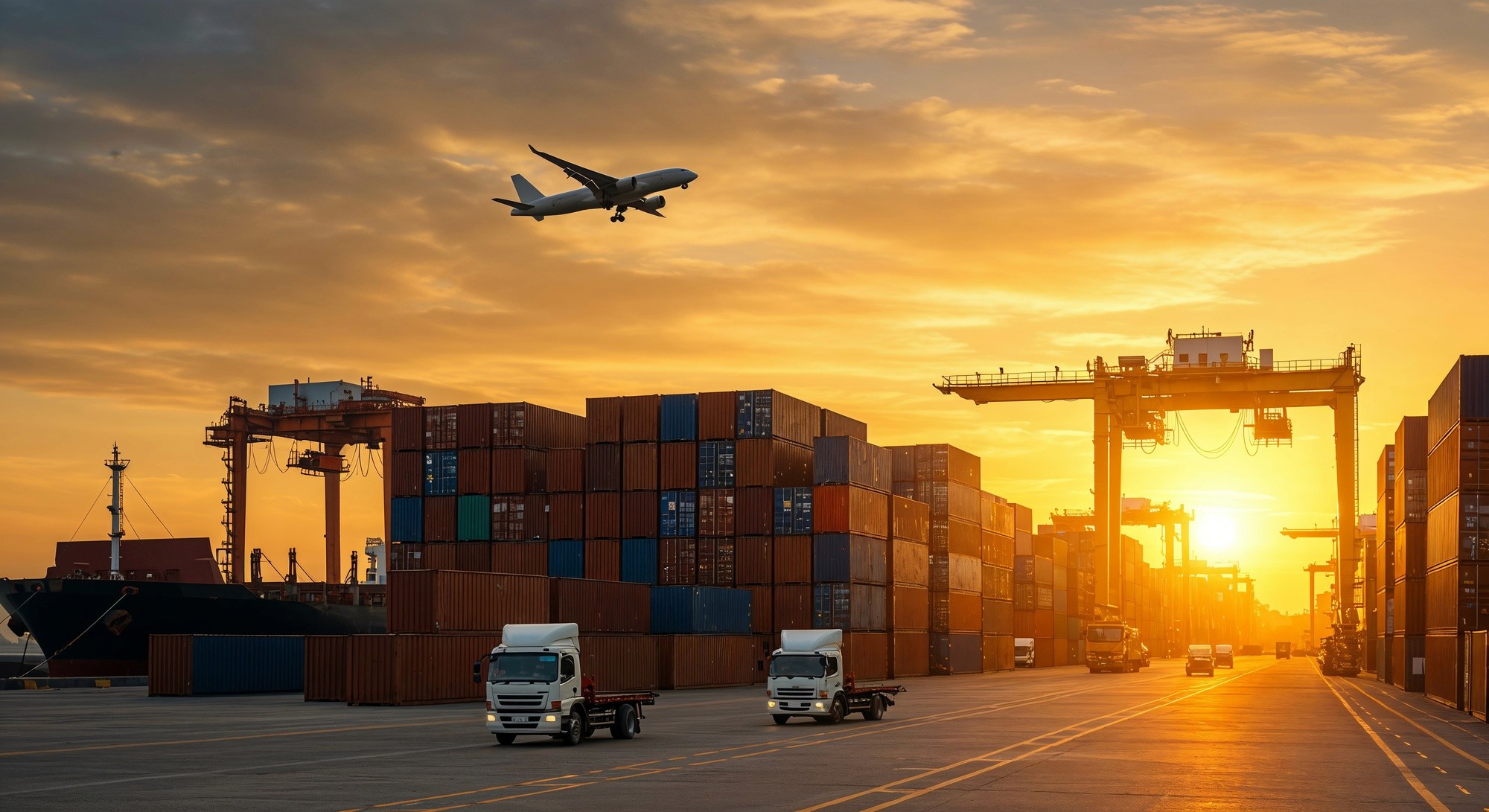 Seehafen mit Containern auf einem Schiff, Lastwagen und einem darüber fliegenden Flugzeug