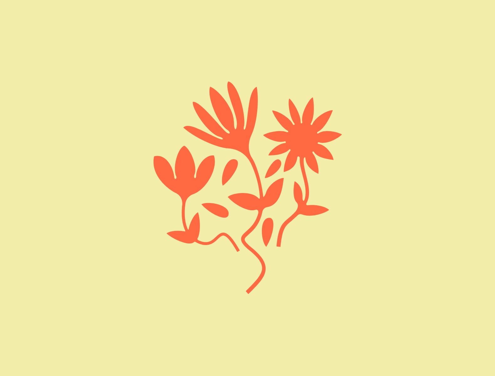 A set of 3 flowers with falling petals in orange on a butter yellow background. 