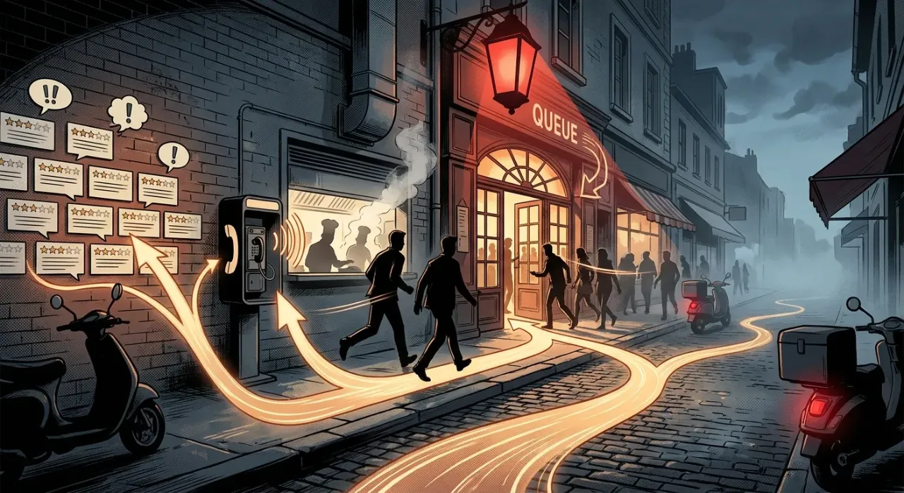 Street scene with glowing pathways leading people to a queue, illustrating RockN' Socials Digital Marketing Agency tactics.