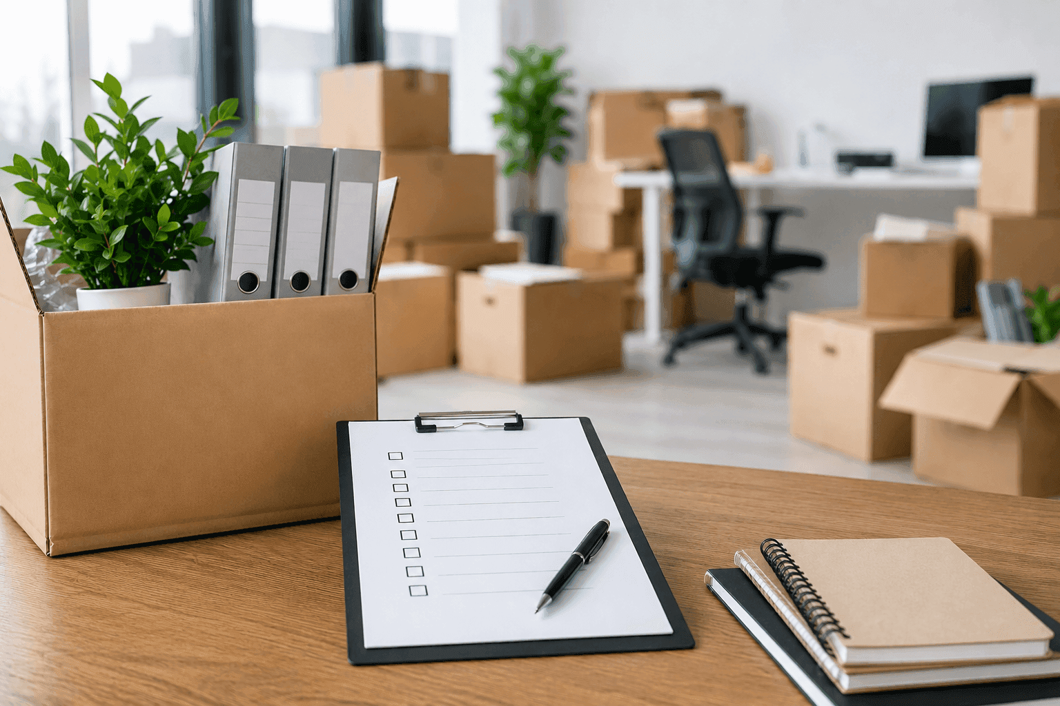 Checkliste für Firmenumzug auf einem Schreibtisch in einem modernen Büro mit Umzugskartons, Ordnern und gepackten Arbeitsplätzen im Hintergrund während eines Unternehmensumzugs.