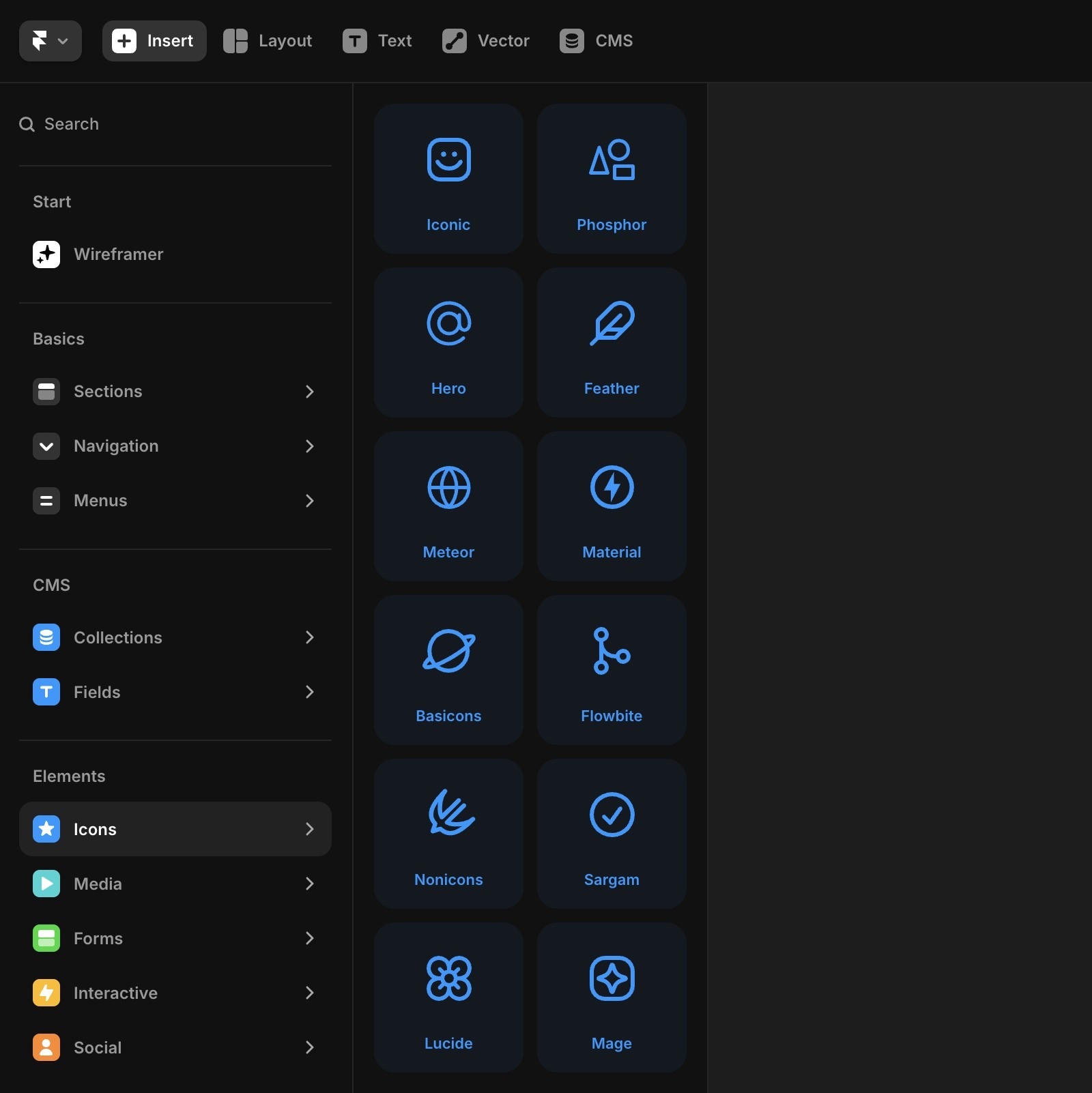 Framer 中的插入面板,显示所有不同的图标组件。
