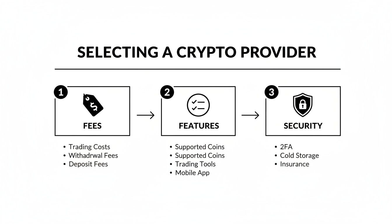Infographic outlining three key steps to selecting a crypto provider: fees, features, and security.