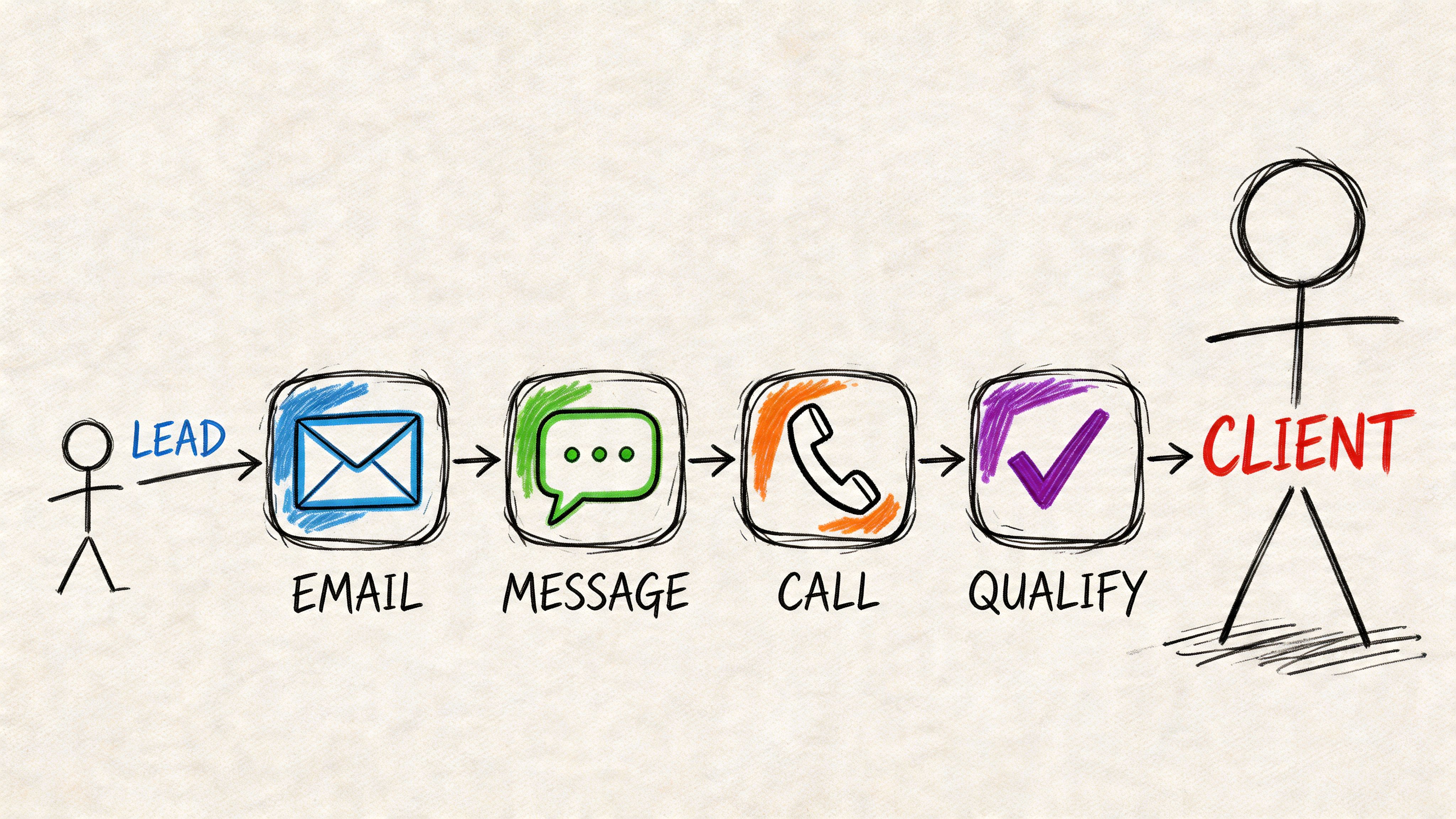 A hand-drawn illustration showing a lead generation process from email, message, and call to qualifying a client.