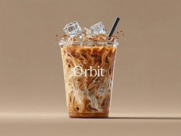 Iced coffee in a clear plastic cup with Orbit logo and swirling milk over a neutral background