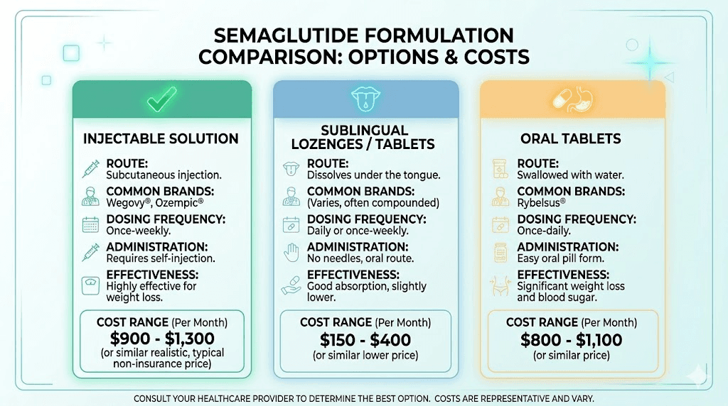 Compounded semaglutide formulation options and cost comparison chart
