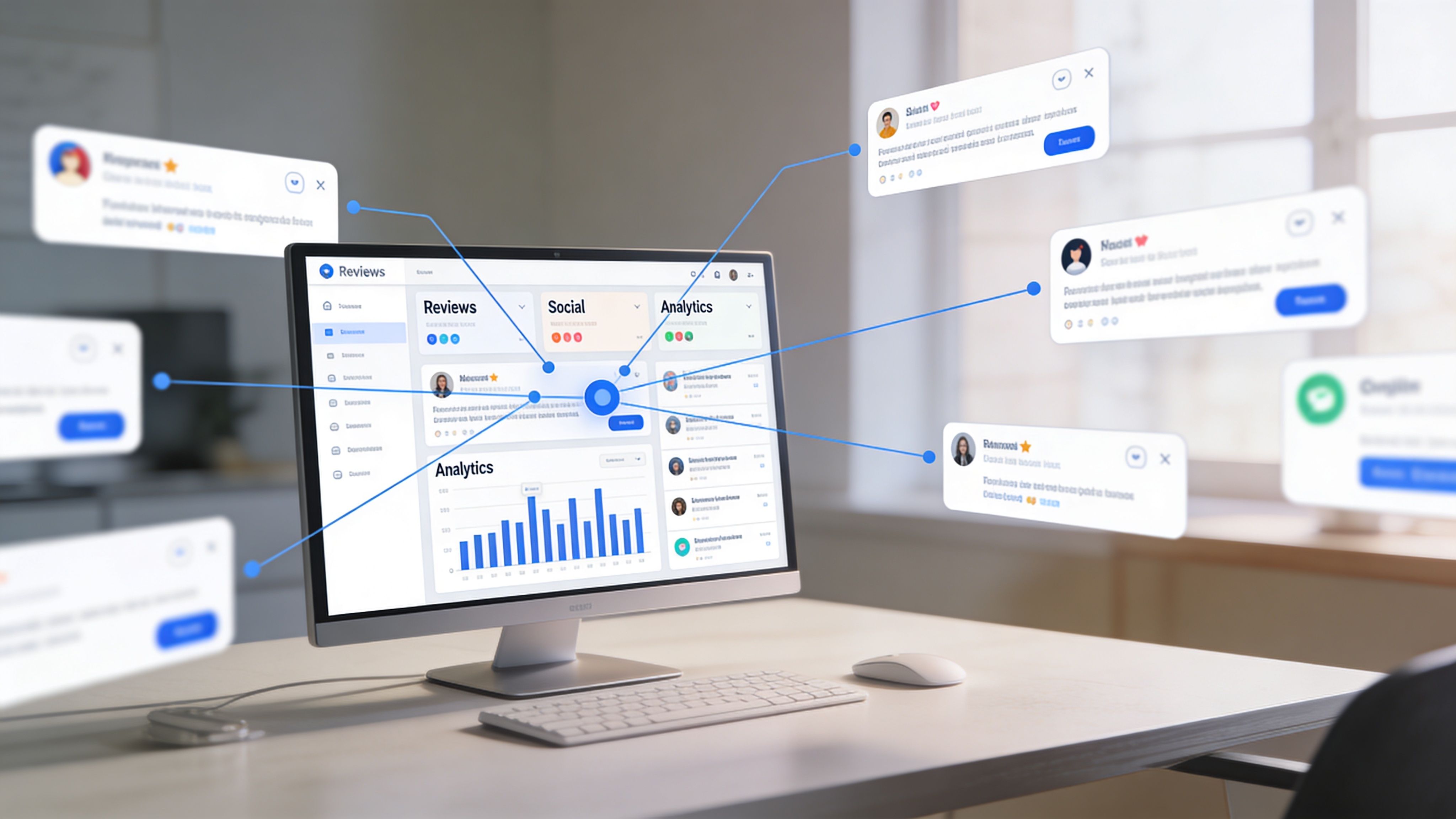 A modern computer screen displaying a restaurant reputation management dashboard with floating feedback popups and data analytics visualizations.