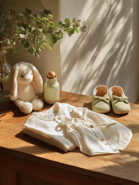 Baby outfit, green booties, and a stuffed bunny on a wooden table.