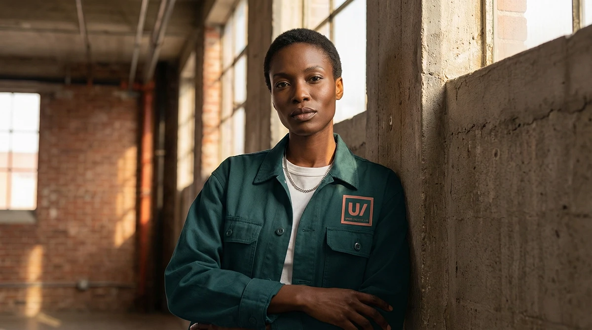 Woman in branded green Undo Creative Lab workwear jacket, industrial warehouse background