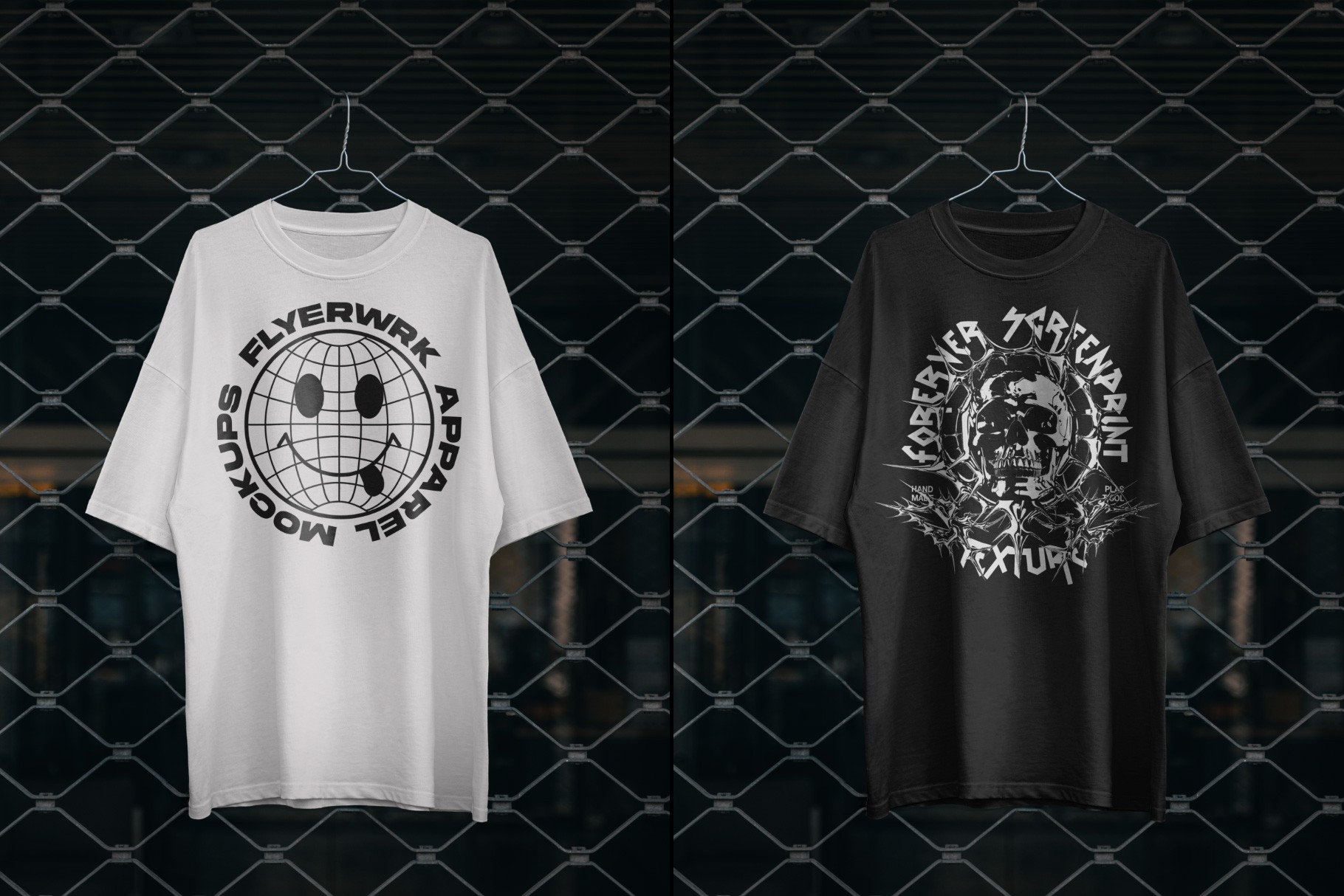 Streetwear apparel mockup featuring custom graphics on Rue Porter t-shirts against a gritty industrial backdrop