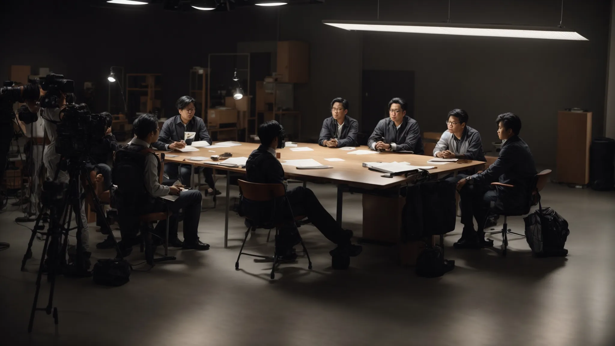 a diverse group of professionals gathers in an empty studio, brainstorming ideas around a large table littered with production notes and a camera.