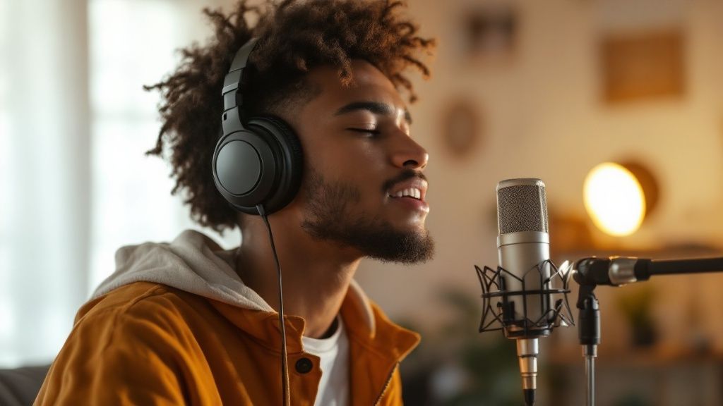 A confident musician recording vocals for their first song into a microphone connected to a digital audio workstation.