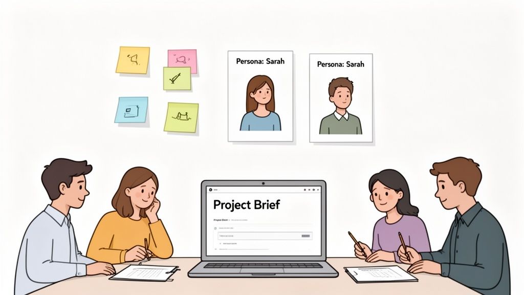 Team collaboratively plans a website project using a brief, user personas, and sticky notes.