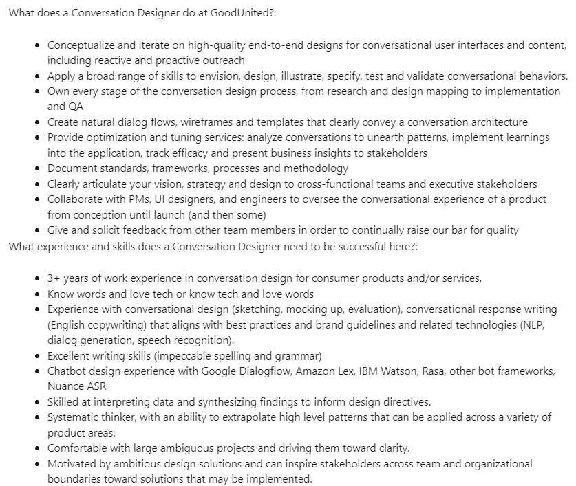 An image detailing several job responsibilities for conversation designers